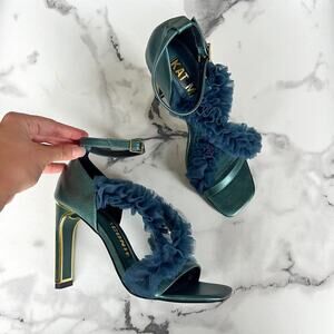Kat Maconie Sina Metallic Teal Leather Ruffled Tulle Sandal Heels Size 38